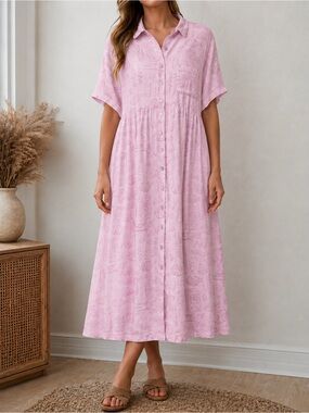 Vintage Match USA Pink Linen Batik Fish Print Button Front Midi Dress Size 20